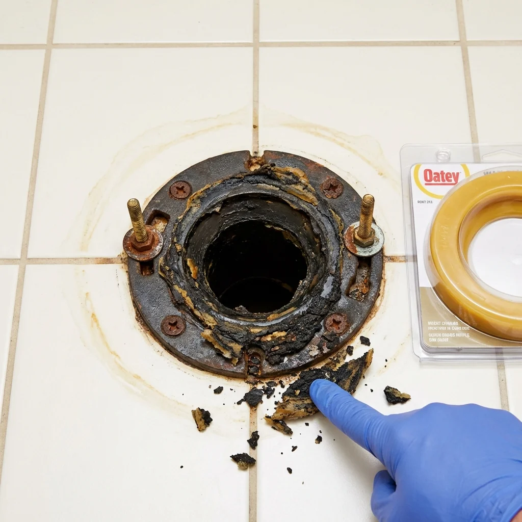 Failed wax ring showing water seepage at the base of a toilet in a Melbourne, AR home